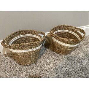 2 Wicker Storage Baskets 7.25" x 8.5"‎ x 6.25" Tan & White